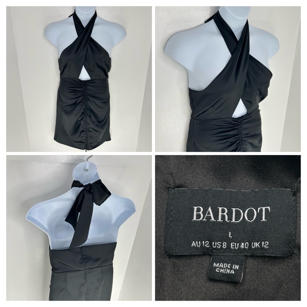 Bardot Black Satin Ruched Halter‎ Mini Dress Size 8 Cocktail Party Holiday Club